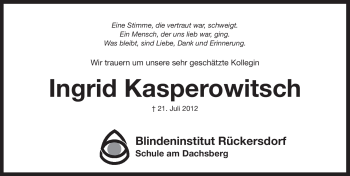 Traueranzeige von Ingrid Kasperowitsch von Pegnitz-Zeitung